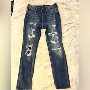 Dark Blue Ripped High-Rise Crop Super Skinny Hollister Jeans